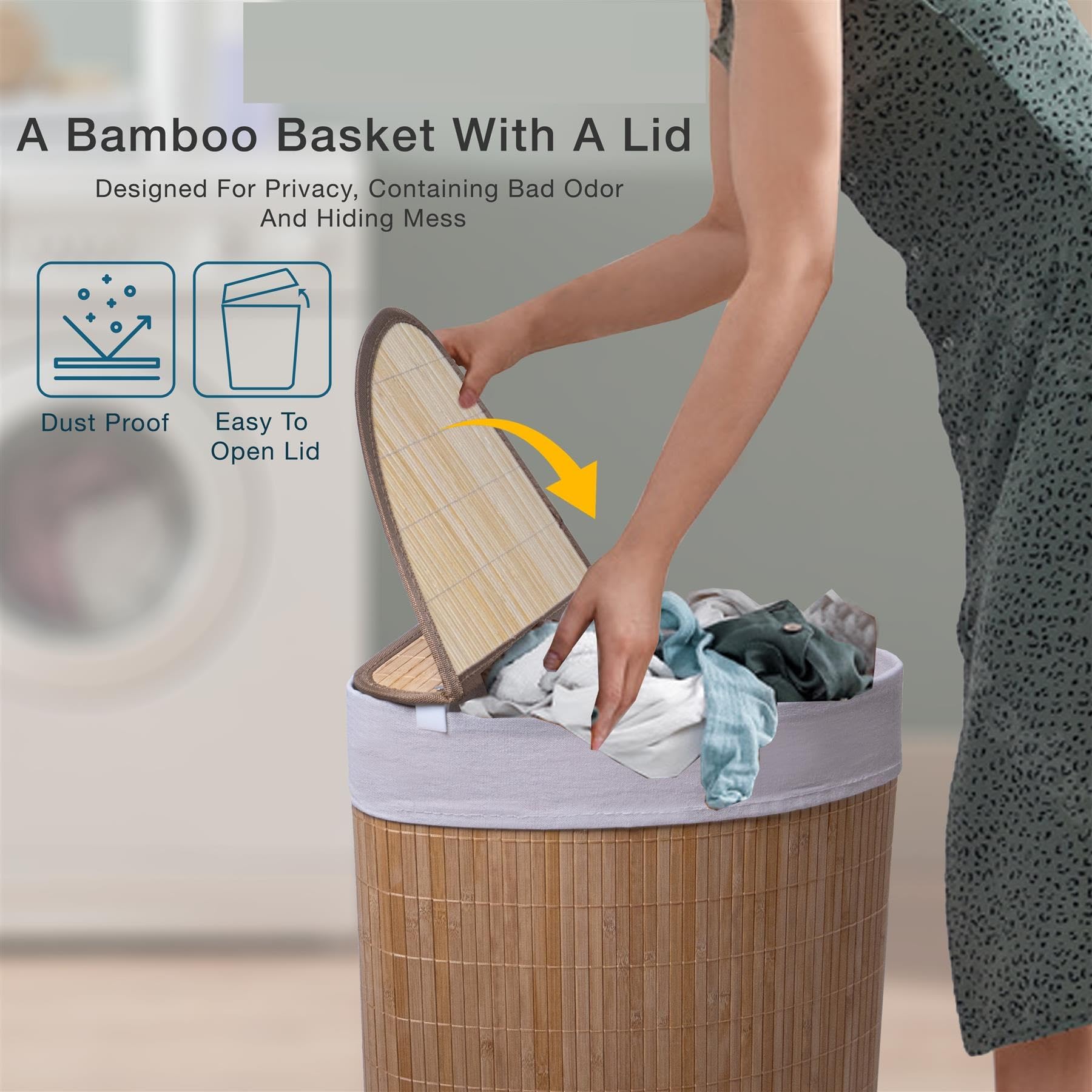 Amazon｜MantraRaj 58L 竹製ランドリーバスケット 三角形 折りたたみ式